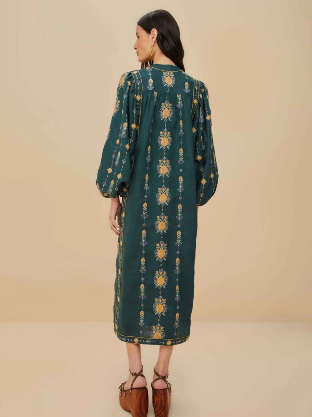 FARM Rio Emerald Green pineapple Maxi Dress with Yellow & Blue Embroidery - Picture 2 of 14